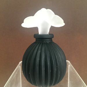 Vintage Perfume Bottle Ribbed Satin Black Glass Frosted Flowers Stopper